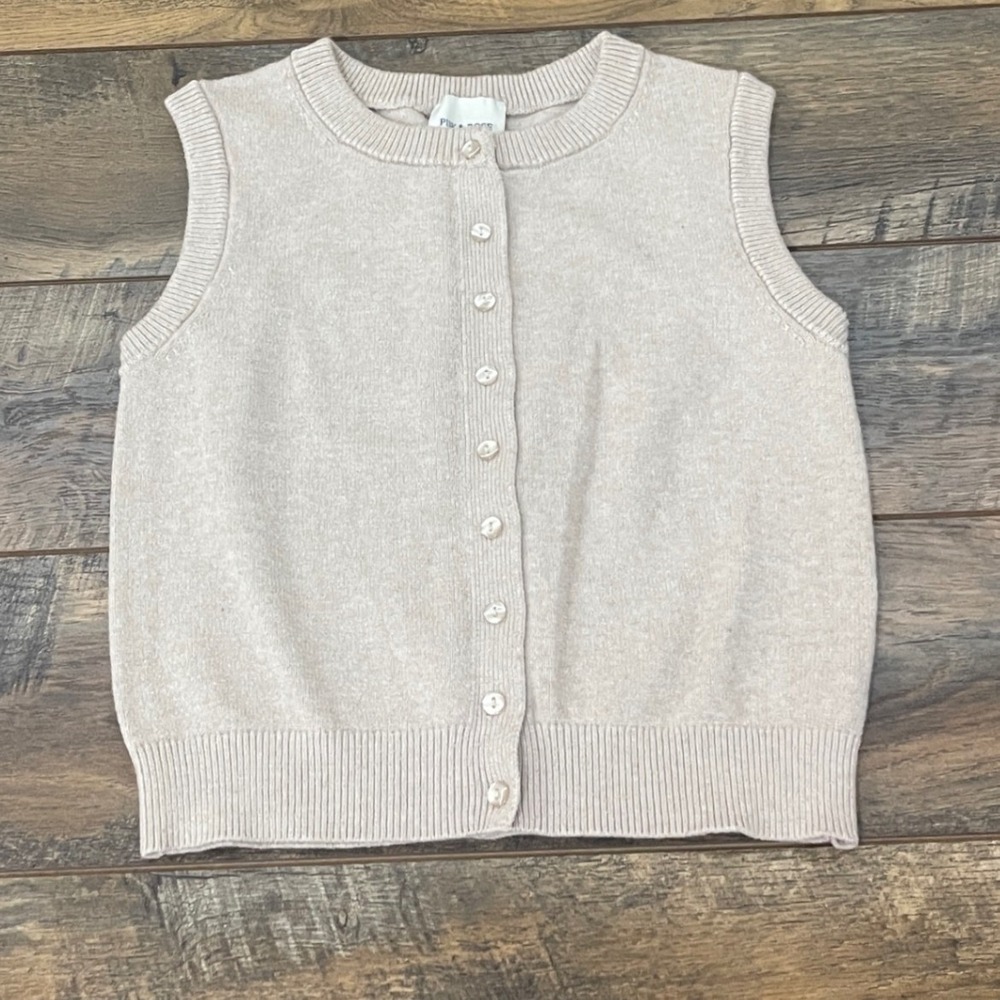 Pink Rose Beige Button Front Sleeveless Cropped Cardigan Sweater Vest Small Boho